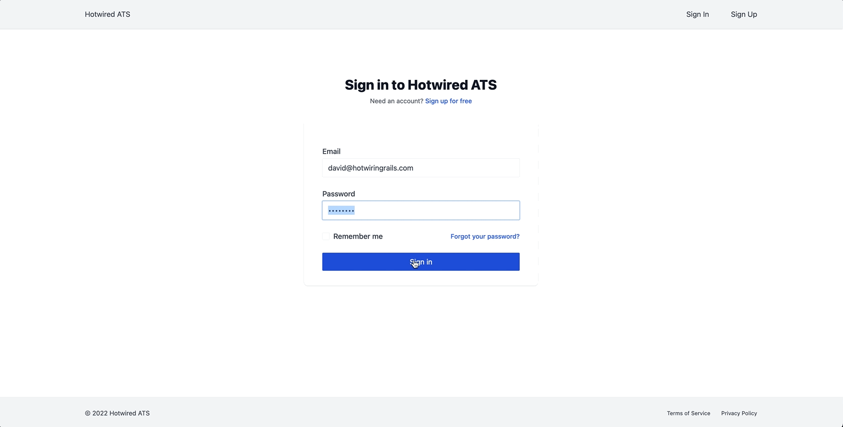 A gif of a user signing to Hotwired ATS and then clicking a link to sign back out. When the sign out, a navigation bar at the top of the screen updates its options.