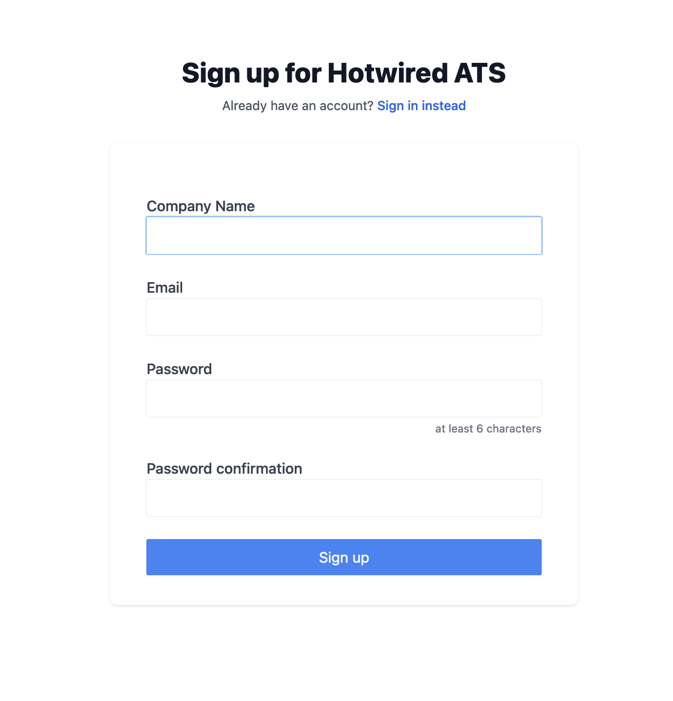 A screenshot of the Hotwired ATS signup page with CSS styles applied.