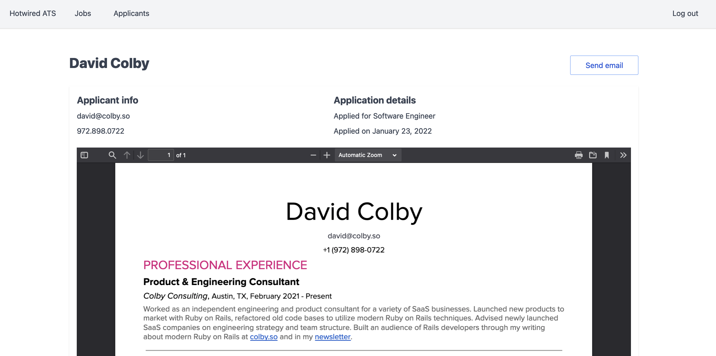 A screenshot of a web page displaying a person's resume below their name, contact information, and a button to send them an email.